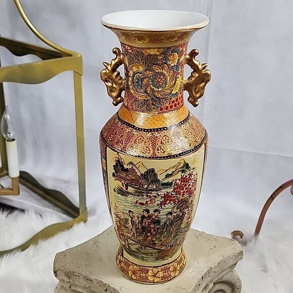 Hand Painted Japanese Water and Mountain Scene Vase Urn - Picture 1 of 10